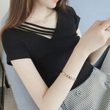 Fongt 2024 New V-Neck Slim Black Long-Sleeved T-Shirt Female Collarbone Niche Large Size White Hollow-Out Top-Outfit