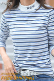 Striped T Shirts Women Cotton Letter Embroidery Slim Long Sleeve Spring Autumn Korean Casual Tshirt Half High Collar