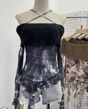 Real Shot Shoulder Cross Hanging Neck Knitting Mesh Yarn Coat Irregular Ribbon Horn Long-Sleeved T-Shirt