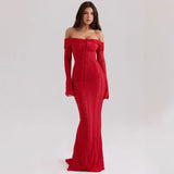 Fongt Shoulder Horn Sleeve Long Bag Hip Dress Gentle Elegant Temperament Boobs Waist Tugtail Dress