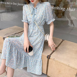 Summer New Korean Long Chiffon Thin Women's Dress Fashion Short Sleeve V-neck Printed