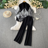 Fongt Temperament Bottom Half-High Collar Sweater + Printed Knitted Shawl Jacket + High Waist Lanky Trousers Three-Piece Set