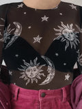Celestial Print Sheer Mesh Crop Top-Outfit