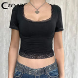 Black Lace Stitched Crop Top Women Casual Short Sleeve Square Collar Slim T-shirts Summer Harajuku Solid Tees y2k Vintage-Outfit