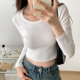 Solid Color Long-Sleeved T-Shirt Women's Early Autumn New Short Style Slim U-Tie Bottom Shirt With A Hundred Collarbone Blouse-Outfit