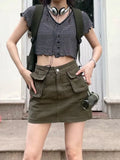 Retro Basic Black Striped Tshirts Y2K Streetwear Pockets Green Mini Cargo Skirts Women Korean Fashion Two Peice