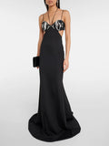 Fashion Sexy Sling Dress Dress 2025 Early Spring New Squine Splicing High-End Feel Waist Hanging Neck Long