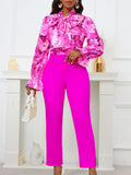 Fongt New Fashion Print Strap Long-Sleeved Top High-Waisted Trousers Set