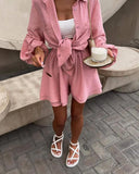Fongt Summer Women's Long-Sleeved Tops Lotus Side Shorts Casual Fashion Suit Woman