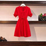 New Short Sleeve Women's Dress Large Size Stitching Fashion Tops V-neck Draw Back Cotton Korean Summer