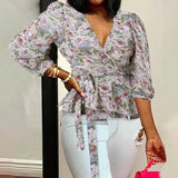 Deep V-Neck Leopard Print Belted Fashion