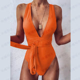 Solid Red One Piece Swimsuit Women Push Up Lace Up Bandage Bodysuit Brazilian Deep V Neck Backless Bathing Suit