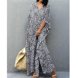 Women's Dress Fashion Beach Vacation Leopard Printed Robe Summer New Casual Elegant Loose V-Neck Split Floor-length Dresses-Outfit