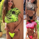 Fongt 2023 Hot Style Print Split Swimsuit Sexy Half Sleeve Three-Piece Bikini Leopard Print Hot Selling Bikini-Outfit
