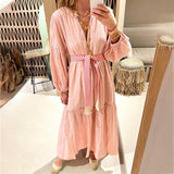 Fongt Spot 2024 Autumn New Women's Fashion V-Neck Bubble Sleeve Bohemian Cotton Linen Dress-Outfit