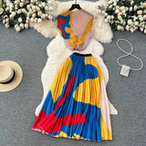 Blooming Printed Skirt Suit Women's New Thread Temperament Half-high Collar Top + Pleated Skirt Two-piece Set-Outfit