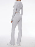 Long Sleeve Cropped Top Fold-over Flare Pants Set-Outfit