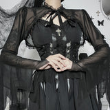 Vertical Collar Lace Splicing Strap Burnt Cuff Blouse Dark Wind Short Style Perspective Blouse Girl-Outfit