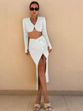 Knitted 2 Piece Set Women Button V Neck Long Sleeve Waist Tops Button Skirts Women Sexy Slim Split Elegant Skirts