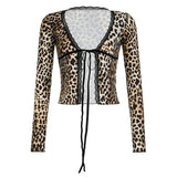 Leopard Print Bandage Slit Crop Top Grunge 2000s Sexy T-shirt Vintage Lace Patchwork V Neck Long Sleeve T Shirt Lady Chic-Outfit
