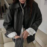 Vintage Pu Leather Oversized Zip Up Jacket-Outfit