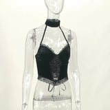 Dark Lace Lace Suede Sling Neck Top 2023 Winter Sexy Vest-Outfit