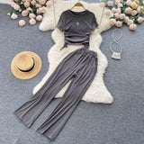 Fongt Female Pleated Drawstring With Short-Sleeved Top Pendant Wide-Leg Pants Two-Piece Set-Outfit