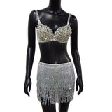 Shiny Sequined 2 Piece Set Women Spaghetti Strap Patchwork Bra Crop Top Bling Tassel Waist Chain Clubwear 2 Pcs