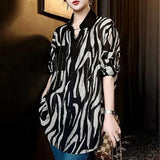 Turn-down Collar Zebra Blouse Spring Autumn Commute Single-breasted Women's Clothing Chic Diamonds Commute Loose Shirt-Outfit