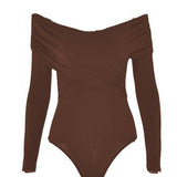 Fongt Spring Autumn New Temperament Fashion V Collar Off-Shoulder Splicing Long Sleeve Slim Joker