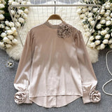 Shirt Female Design Sense Three-Dimensional Flower Long Sleeve Temperament Satin Shirt Spring Dress New Jacket Is Versatile-Outfit