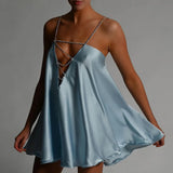 Chain Satin Low Back Swing Dress with Iridescent Crystal Straps and Deep V Neck Sexy Celebrity Party Club Y2K