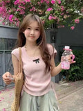 Round-Neck Short-Sleeved Sweater Women's Summer Korean Sweater Sweet Gentle Sweater Pull Rope Wrinkle Slim Bm Blouse-Outfit