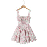 New Spring Style Printed Pleated Slim Mini Sling Dress-Outfit