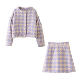 Sweet Women Pearl Button Check Gingham Plaid Blazer High Waist A line Mini Short Skirts Long Sleeve Suits 2 Pieces