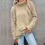 Fongt And Winter New Striped High Leader Mouth Button Sweater Solid Color Casual Loose Plus Size Sweater Woman-Outfit