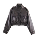 Fongt Women's Long-Sleeved Imitation Leather Short Jacket Jacket