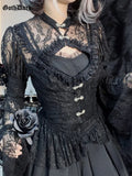 Dark Lace Mall Gothic See Through Women Blouses Grunge Aesthetic Flare Sleeve Black Shirts Vintage Slim Alternative