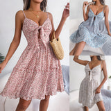 And Summer Broken Flower Bow V Tie Wooden Ear Big Swing Dress Holiday Sling Skirt Women's