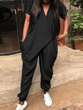 ZANZEA Fashion Summer Rompers Women Solid V Neck Long Jumpsuits Casual Loose Short Sleeve Overalls Harem Pants