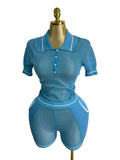 Fongt Hollow Knitted Two-Piece Collar Short-Sleeved Umbilled Blouse + High-Waisted Shorts Sports Leisure Set Spring New