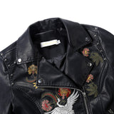 Flowers Embroidery Pu Leather Jacket Women Turn-down Collar Rivet Zipper Black Biker Coats Tops Clothes Ropa De
