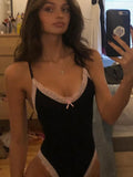Lace Frill Bodysuit Y2K Black Spaghetti Straps Body Tops for Women Sexy Club Rave Party Body Suit Aesthetic Coquette-Outfit