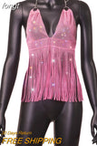 Women New Solid Tassel Sexy Two Piece Set Rhinestone V Neck Sleeveless Halter Backless Top Camis Hollow Out Party Mini