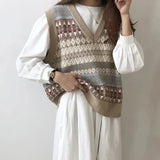 Casual V Neck Knitted Sweater Vest Women Autumn Floral Print Sleeveless Sweater Pullovers Roupas Feminina Vetement