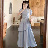 Fongt Blue Short-Sleeved Dress Women's Summer 2025 New Small Folding Thin Temperament Cake
