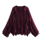 Fongt New Women's Fashion Cascade Decoration Fashion Chiffon V-Neck Long-Sleeved Shirt