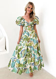 Fongt Spring Summer New Temperament Printing Bubble Sleeve High-End Dress Women