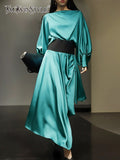 Loose Two Piece Set Womens Round Neck Long Sleeve Tops High Waist Split Midi Skirt Female Fashion Clothes Style