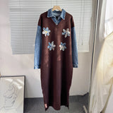 Fongt 2025 New Cowboy Splicing Knitted Two-Piece Collar Dress Flower Nails Decorated Long Dress Woman